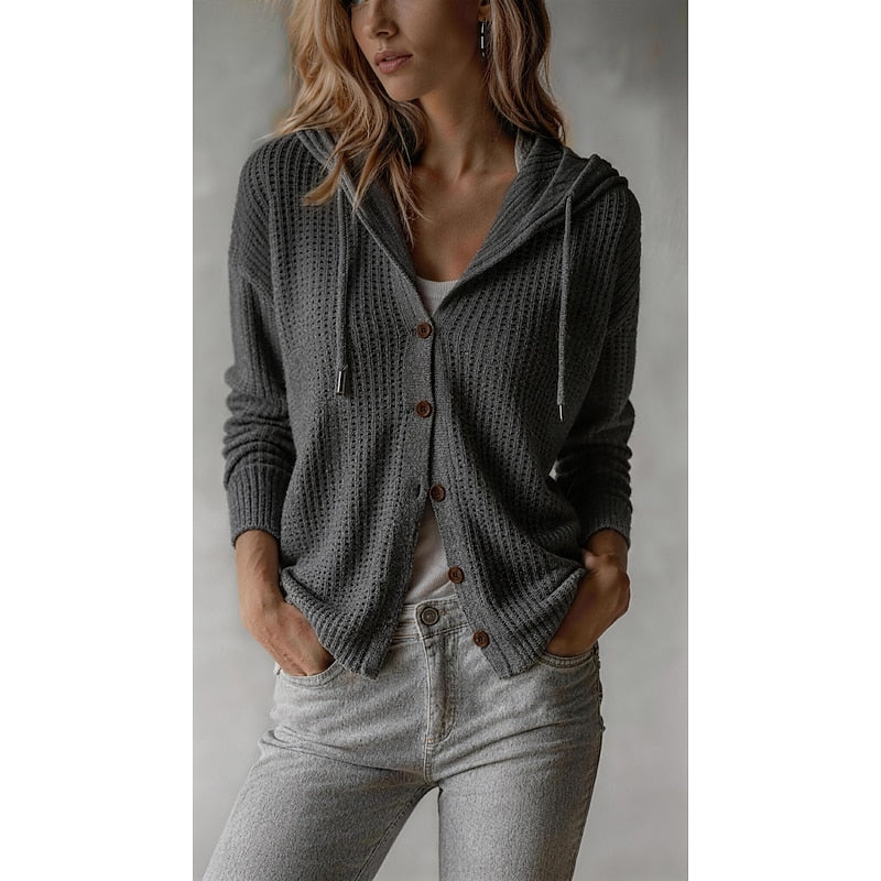 Hooded Cardigan with Rib Knit and Button Front for Womens