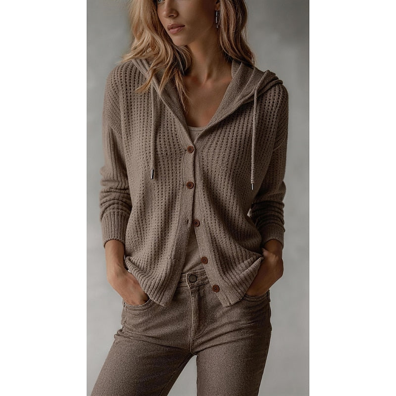 Hooded Cardigan with Rib Knit and Button Front for Womens