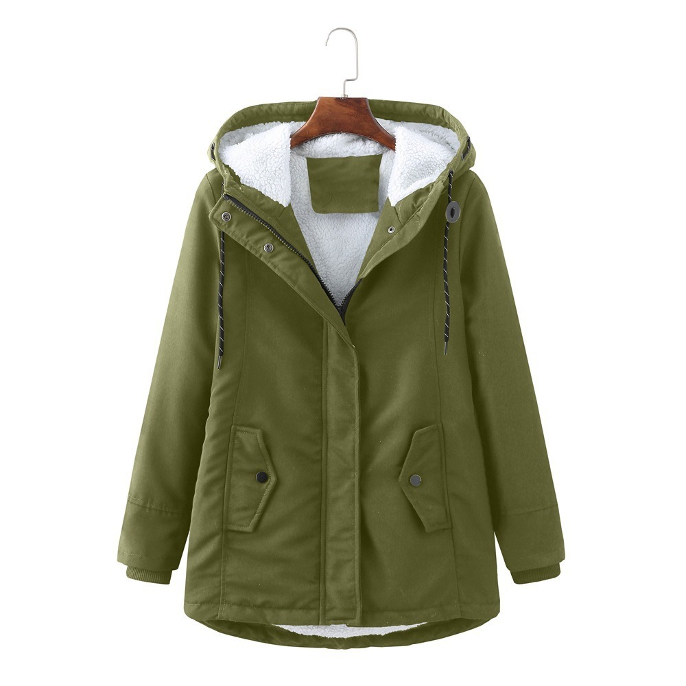 Hooded Coat with Plush Lining and Flap Pockets for Womens