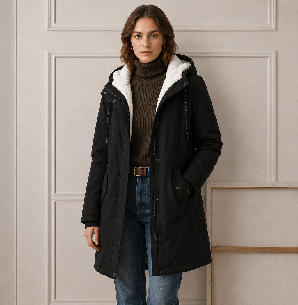 Hooded Coat with Plush Lining and Flap Pockets for Womens