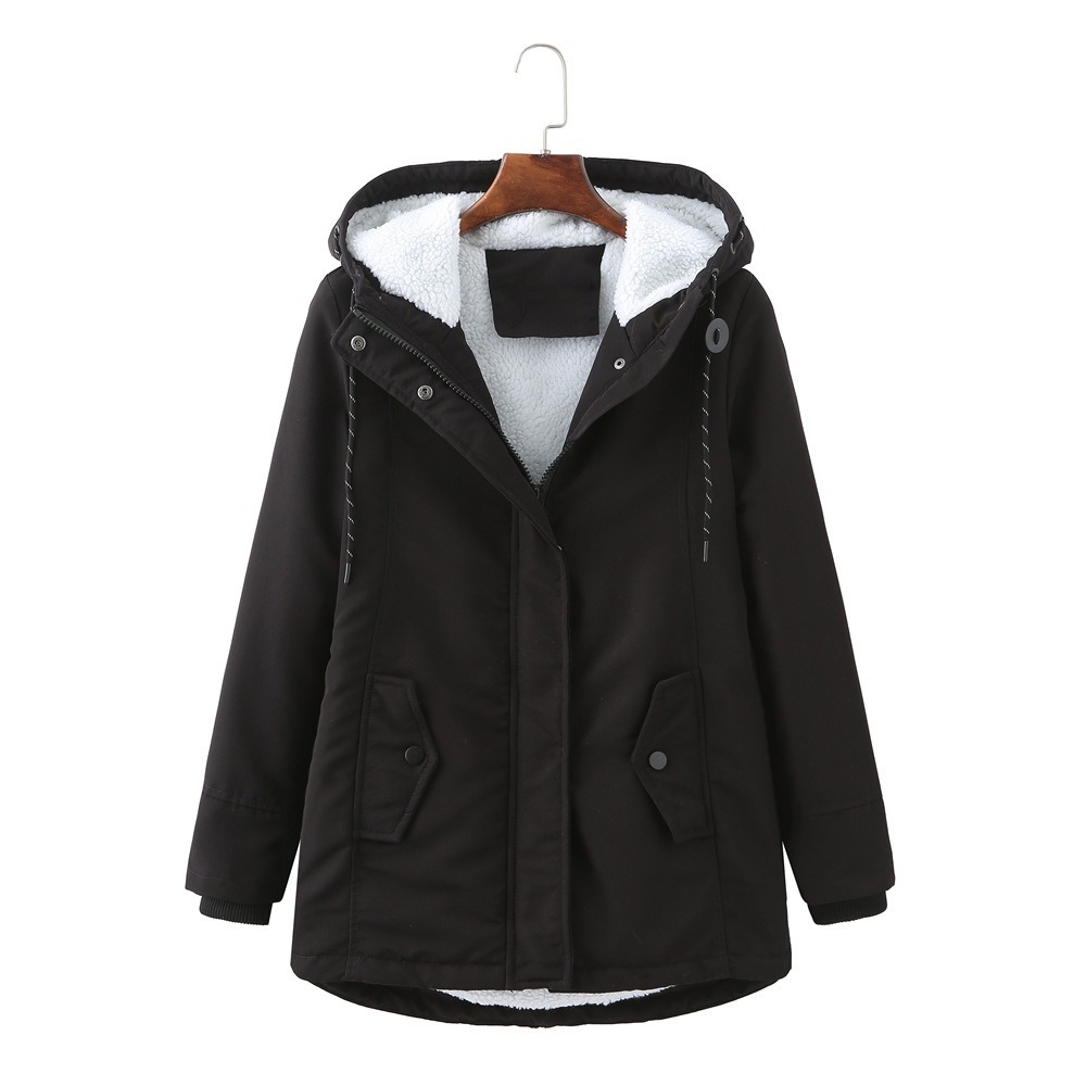 Hooded Coat with Plush Lining and Flap Pockets for Womens