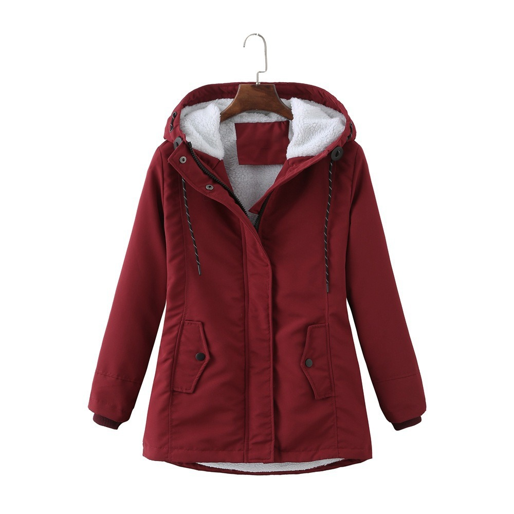 Hooded Coat with Plush Lining and Flap Pockets for Womens