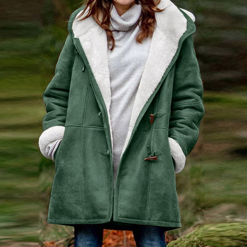 Hooded Coat with Toggle Front and Soft Lining for Womens