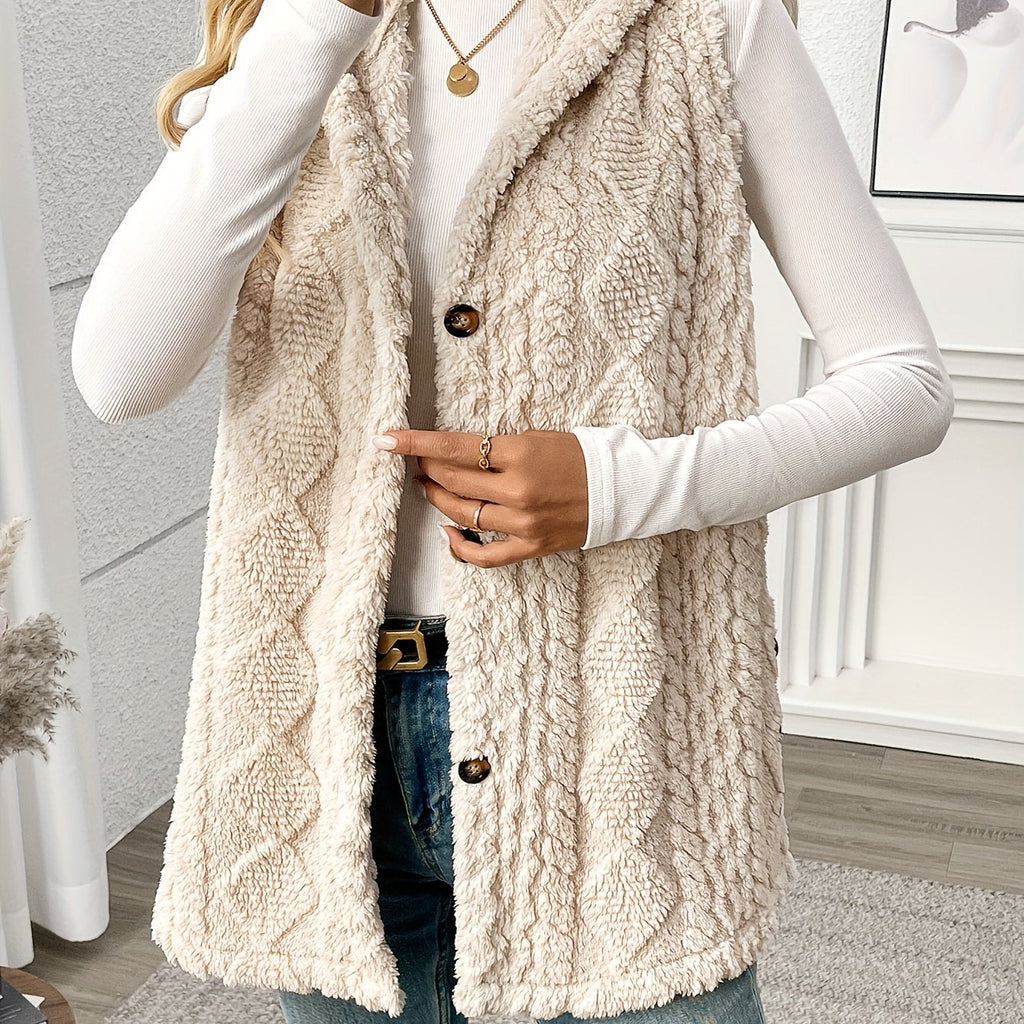 Hooded Gilet with Plush Texture and Button Front for Womens