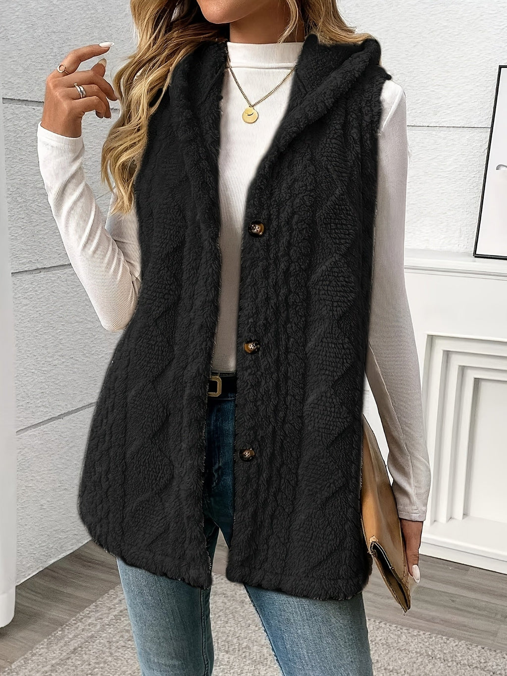 Hooded Gilet with Plush Texture and Button Front for Womens