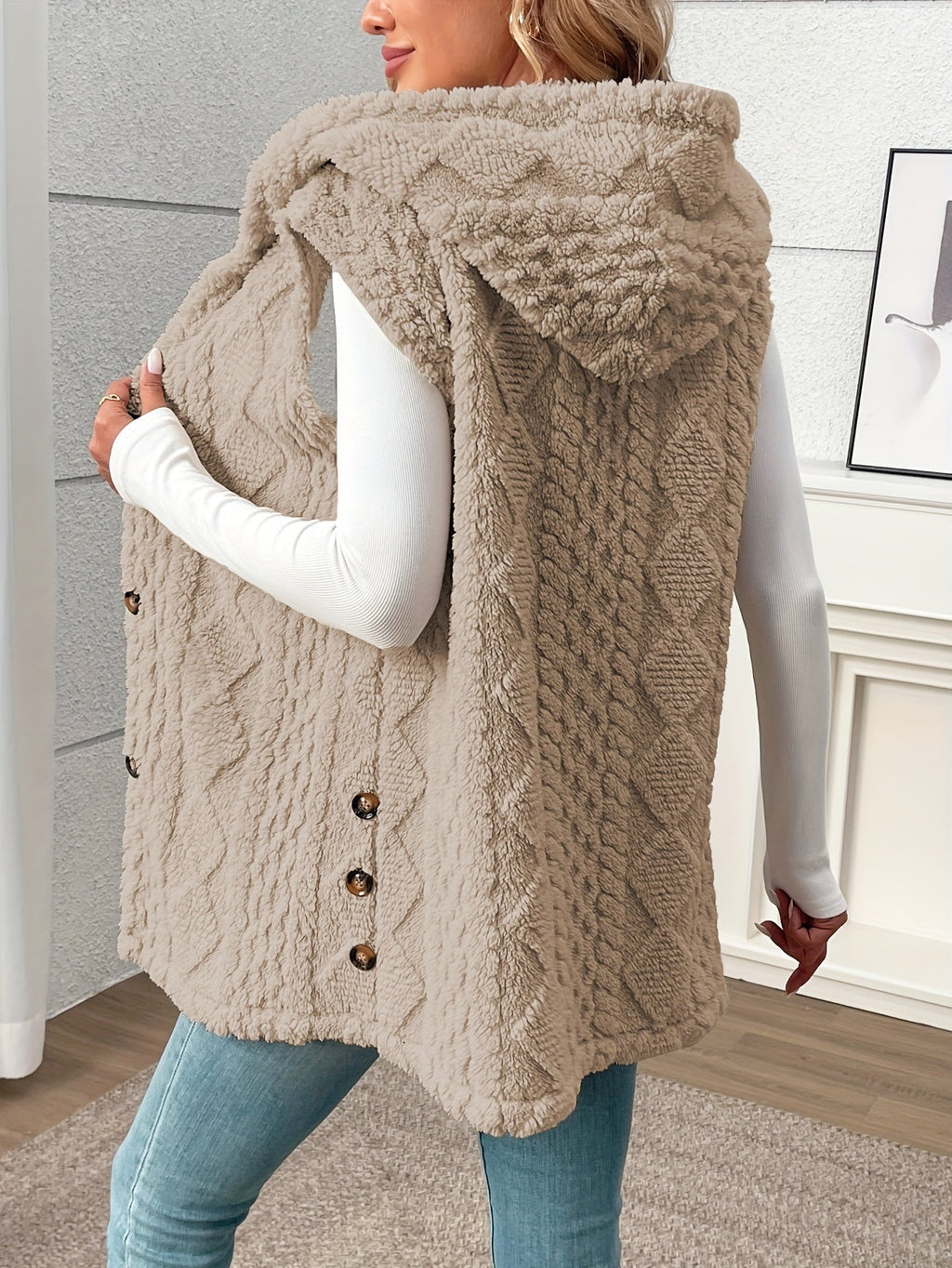 Hooded Gilet with Plush Texture and Button Front for Womens