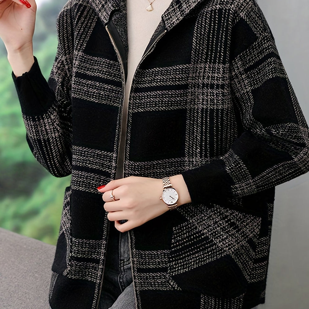 Hooded Jacket with Check Pattern and Zip Front for Womens