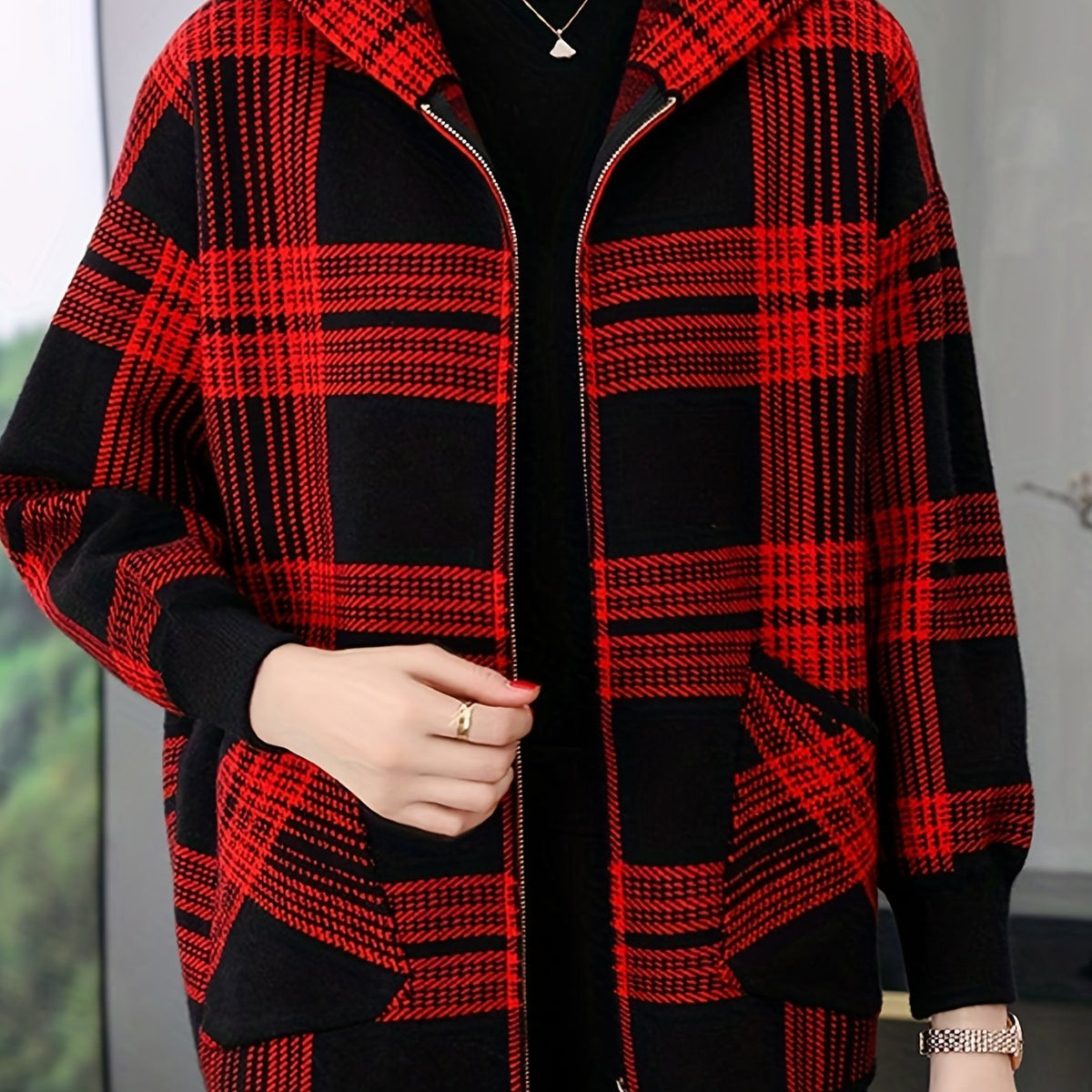 Hooded Jacket with Check Pattern and Zip Front for Womens