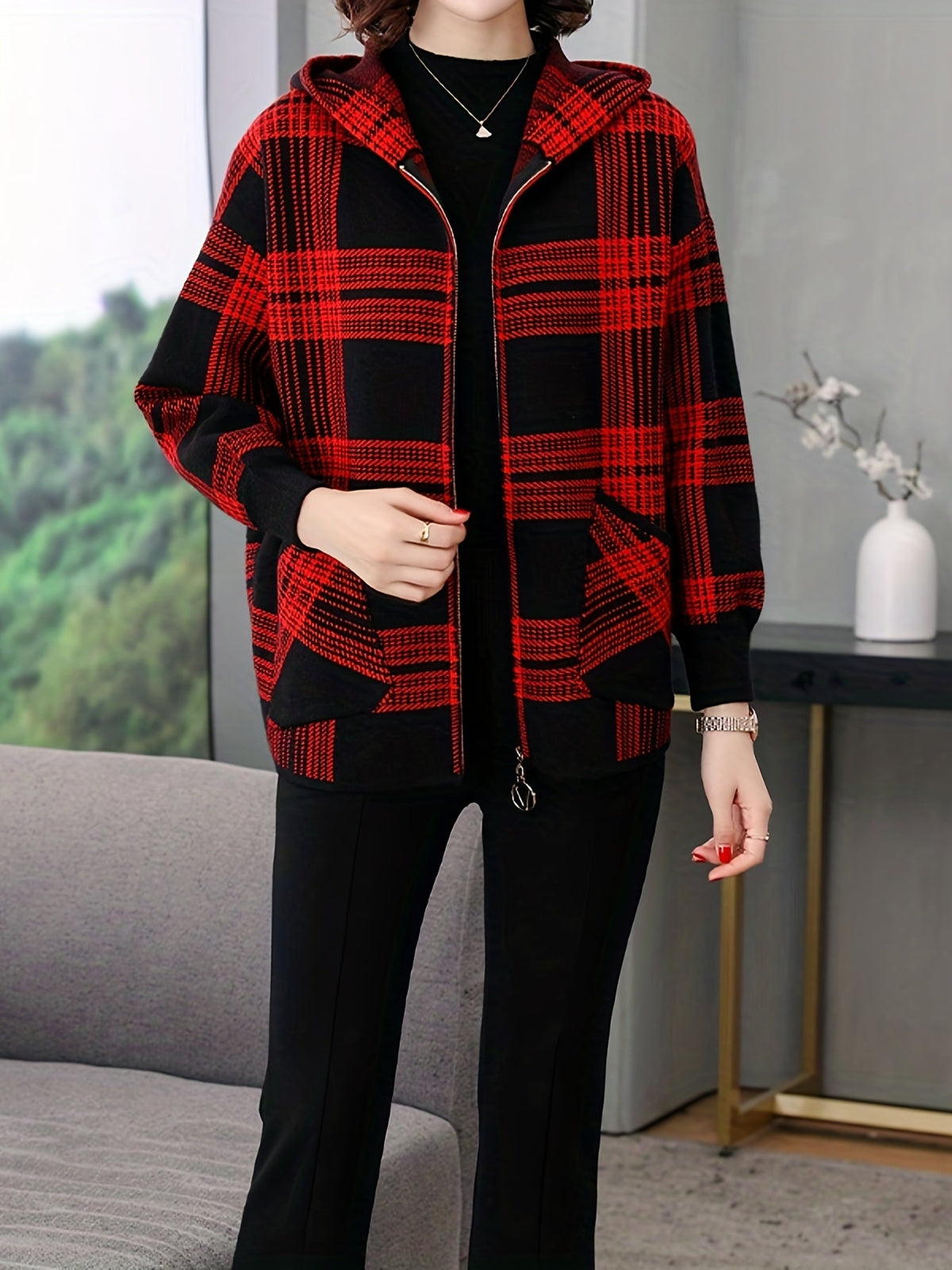 Hooded Jacket with Check Pattern and Zip Front for Womens