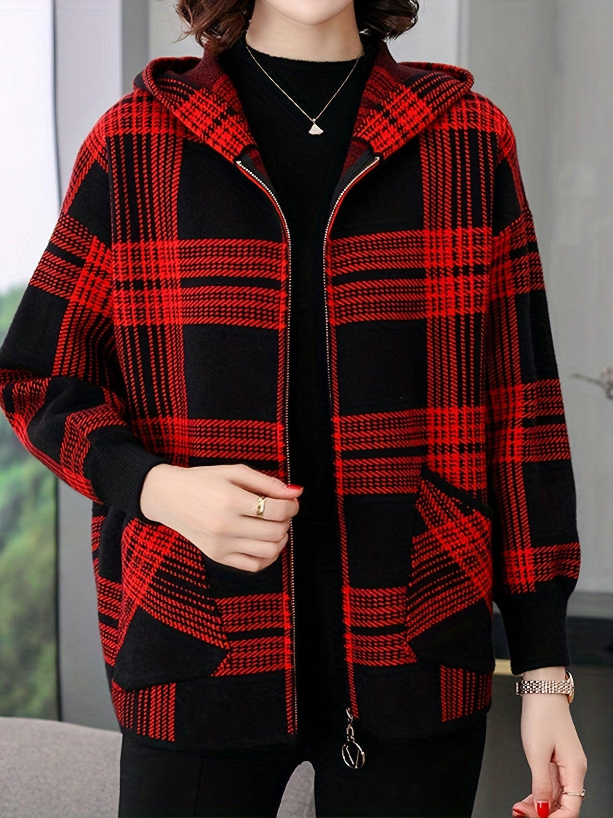 Hooded Jacket with Check Pattern and Zip Front for Womens
