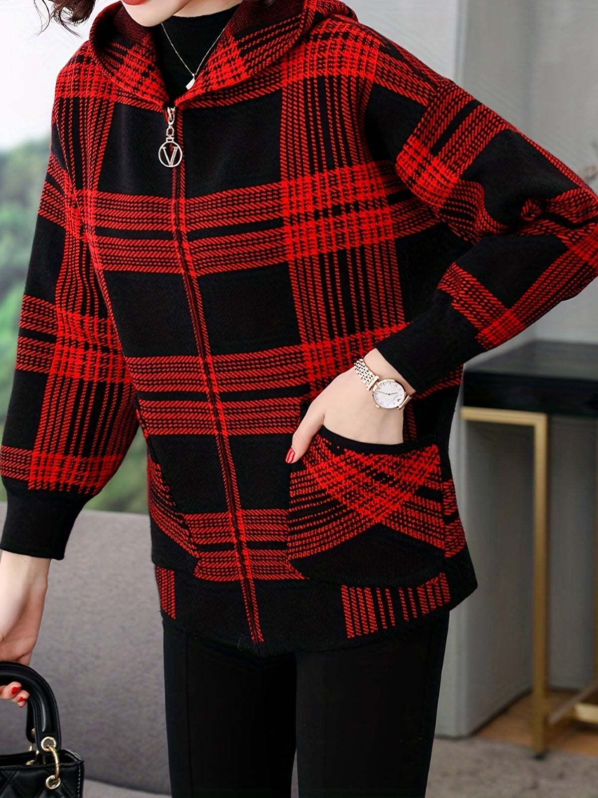 Hooded Jacket with Check Pattern and Zip Front for Womens