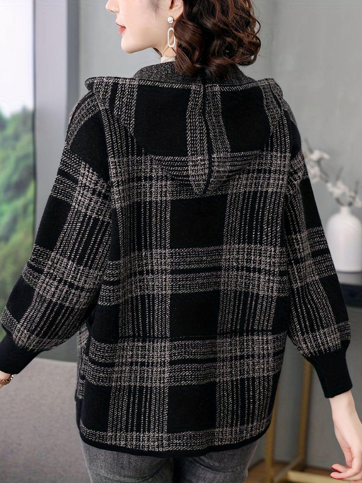 Hooded Jacket with Check Pattern and Zip Front for Womens