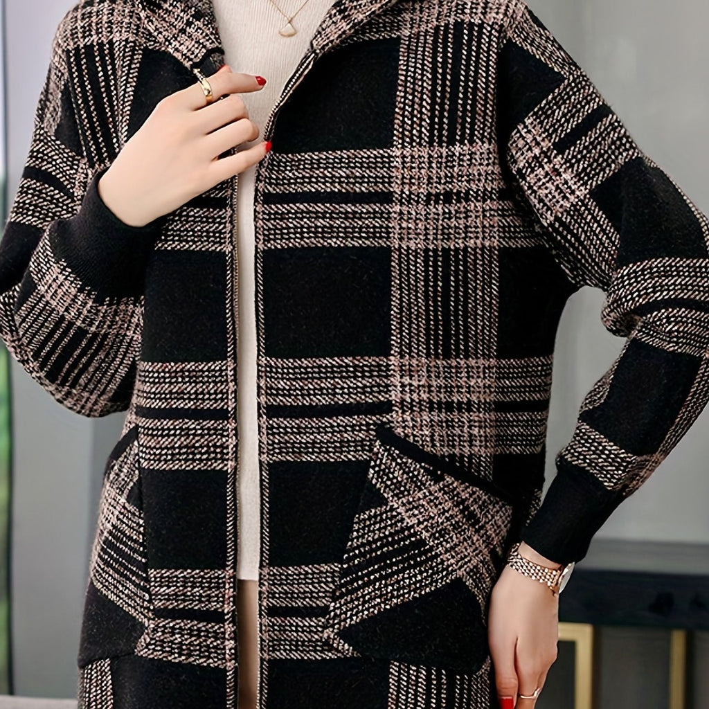 Hooded Jacket with Check Pattern and Zip Front for Womens