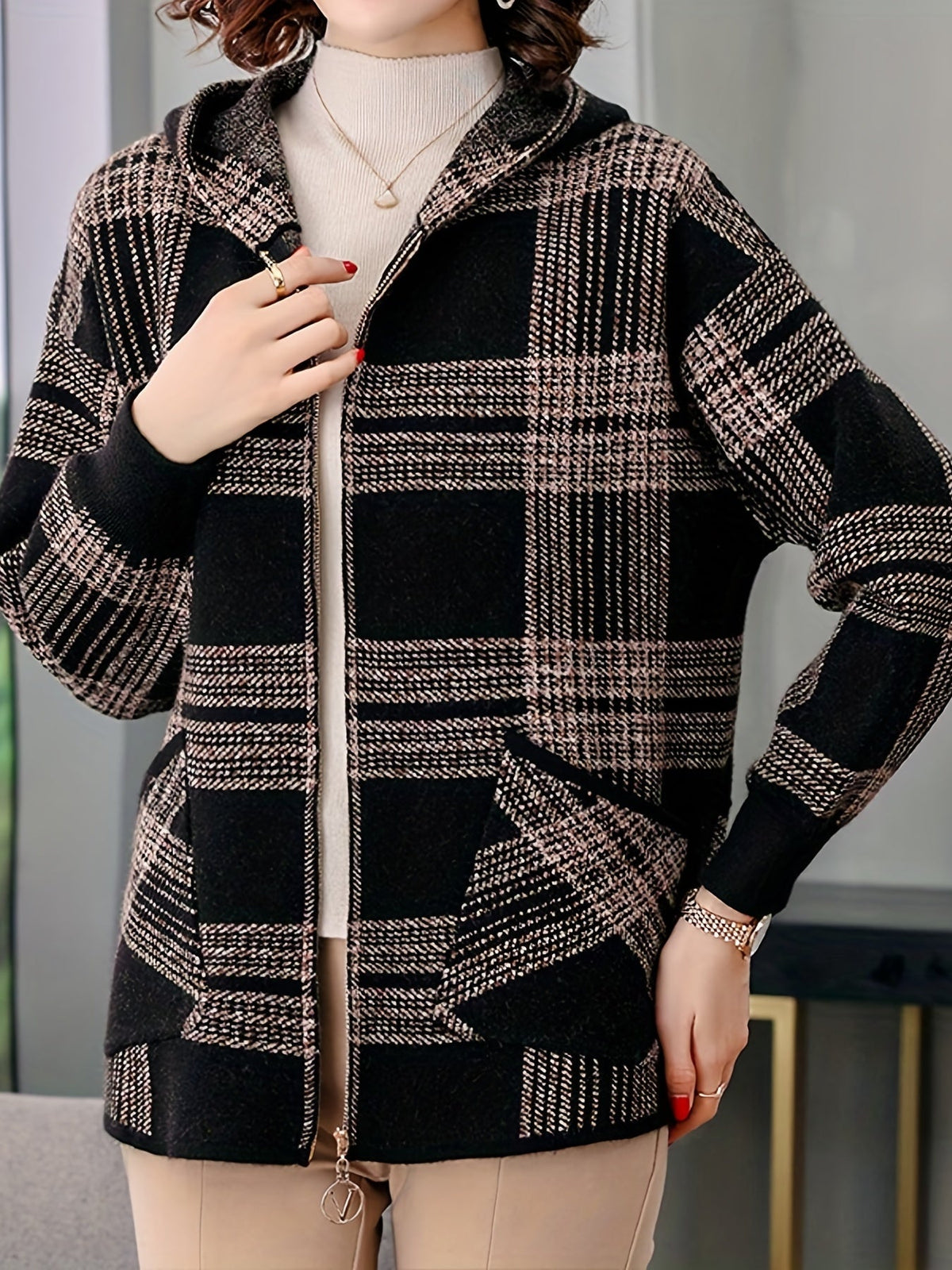 Hooded Jacket with Check Pattern and Zip Front for Womens