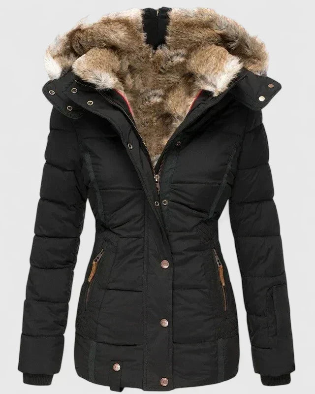 Hooded Mid-Length Winter Coat with Pockets for Women