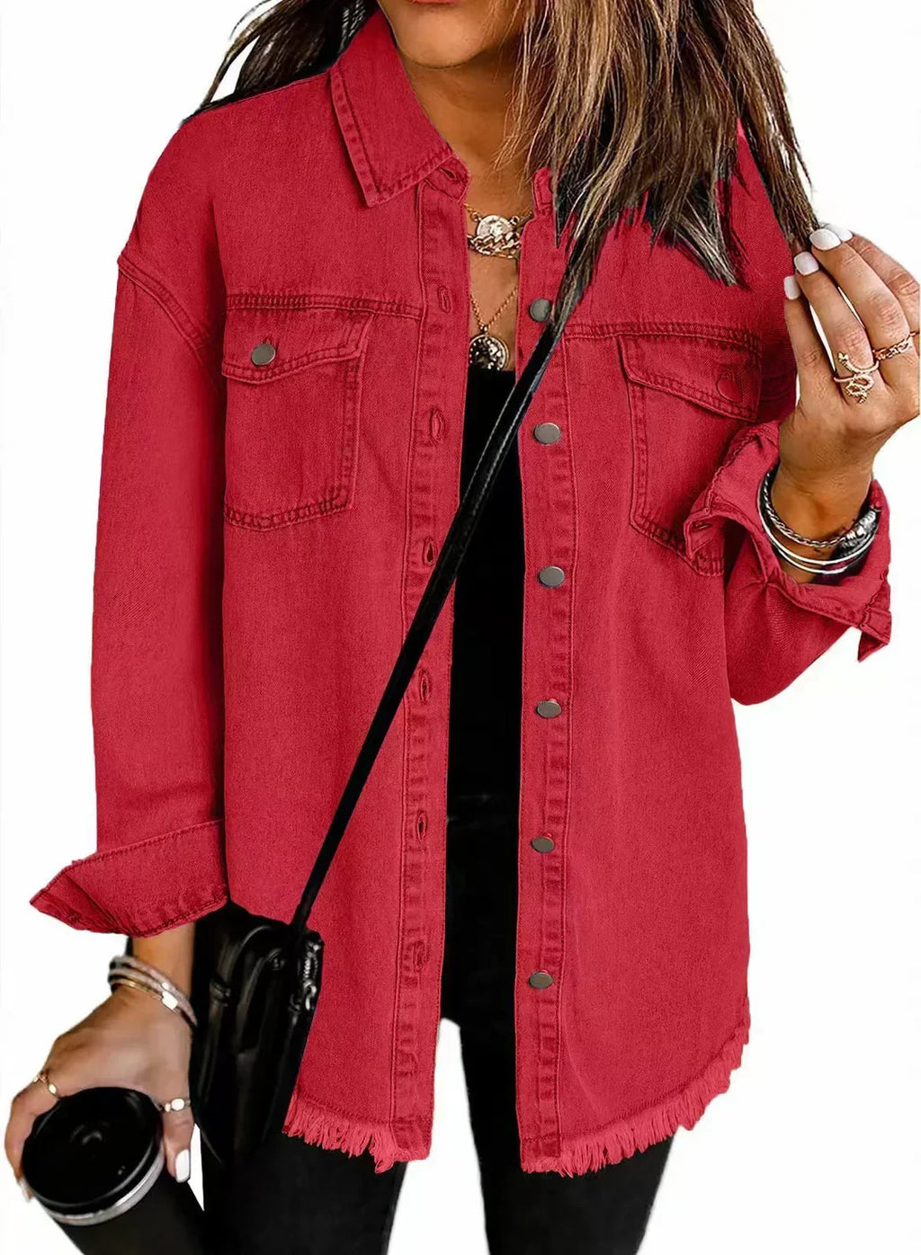 Jacket with Frayed Hem and Snap Front for Womens