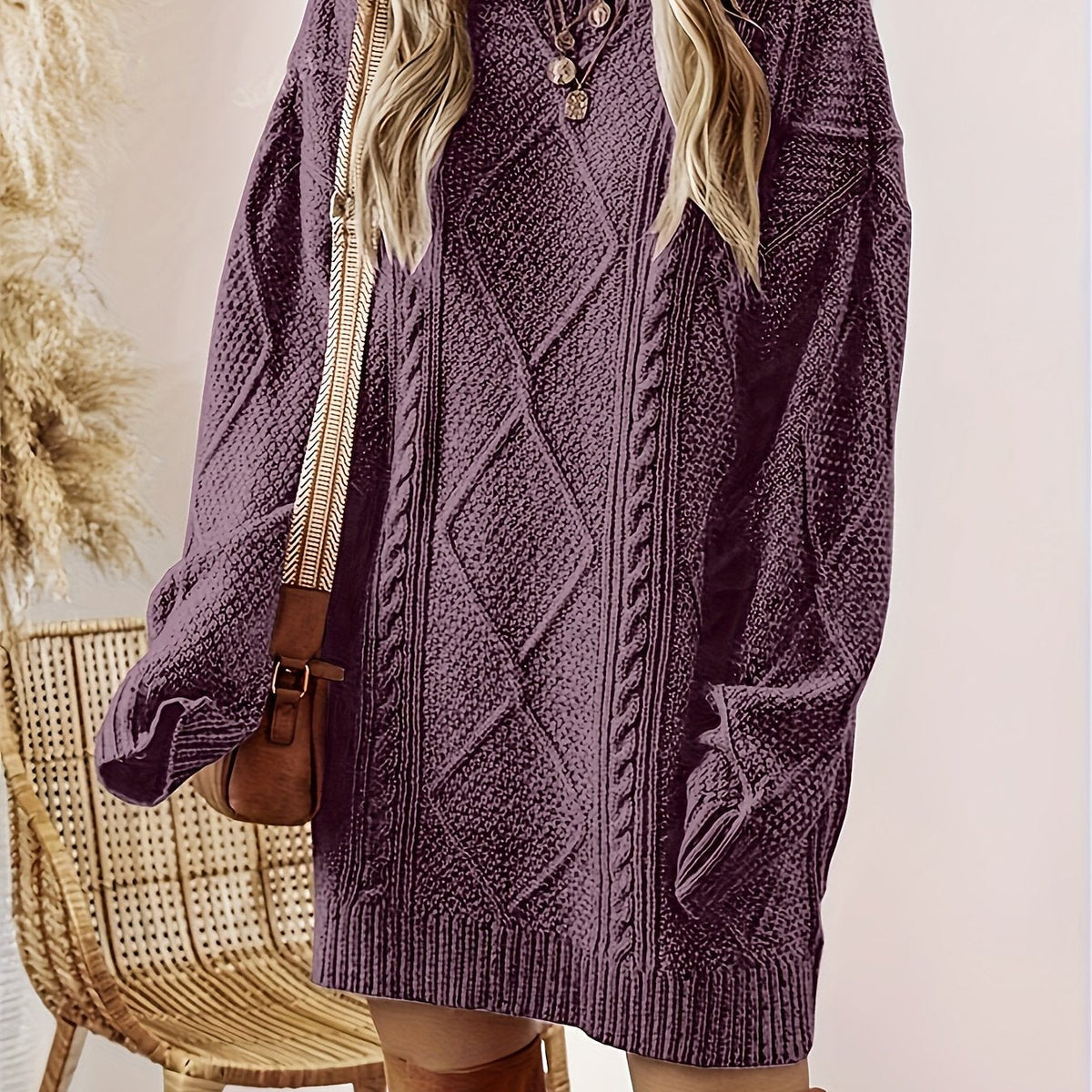 Jumper Dress with Cable Texture and Loose Fit for Womens