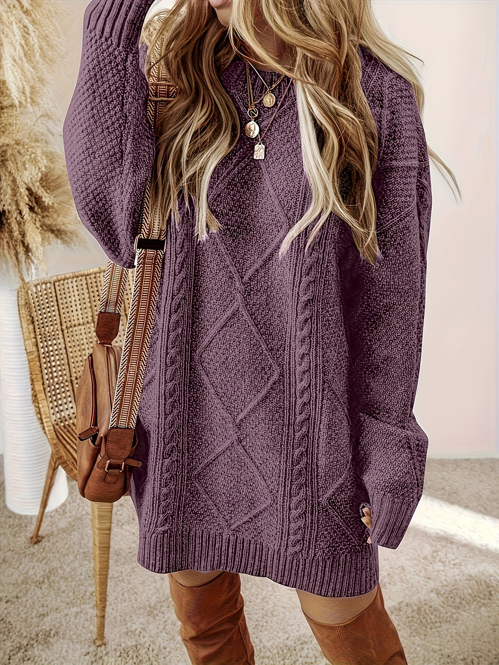Jumper Dress with Cable Texture and Loose Fit for Womens