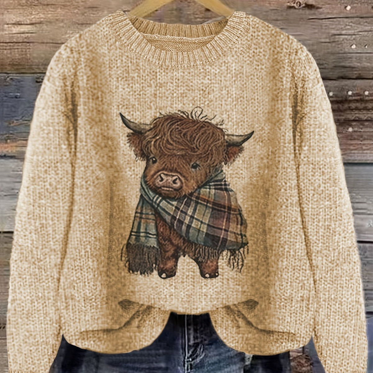 Jumper with Highland Cow Motif and Crew Neck for Womens