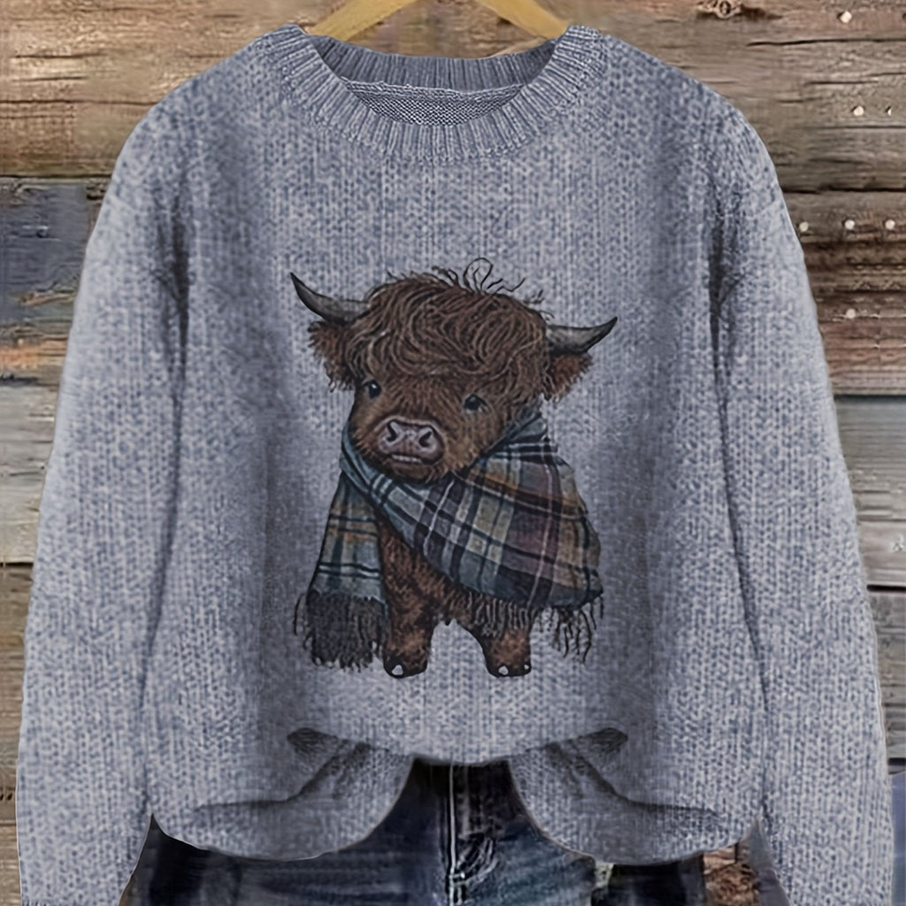 Jumper with Highland Cow Motif and Crew Neck for Womens