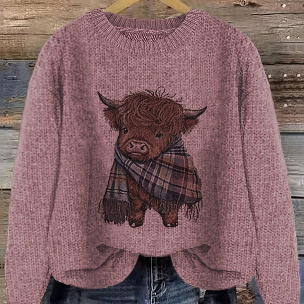 Jumper with Highland Cow Motif and Crew Neck for Womens