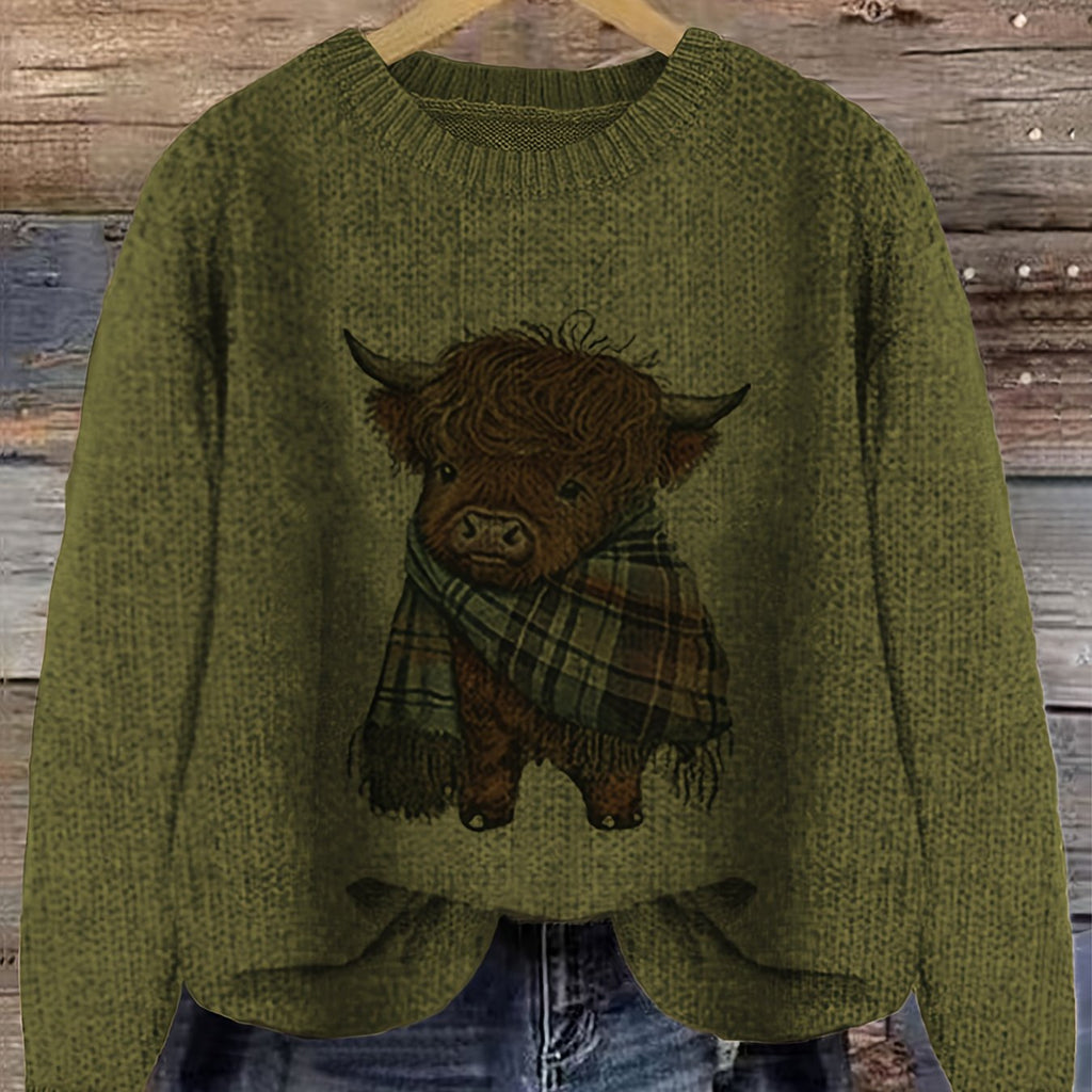 Jumper with Highland Cow Motif and Crew Neck for Womens