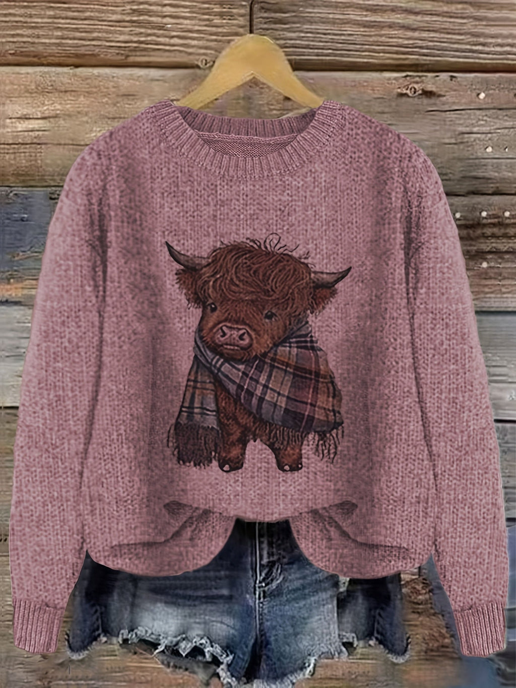 Jumper with Highland Cow Motif and Crew Neck for Womens