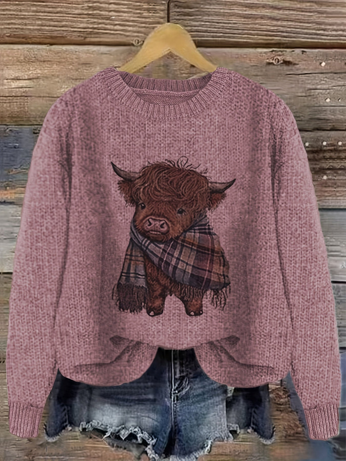 Jumper with Highland Cow Motif and Crew Neck for Womens