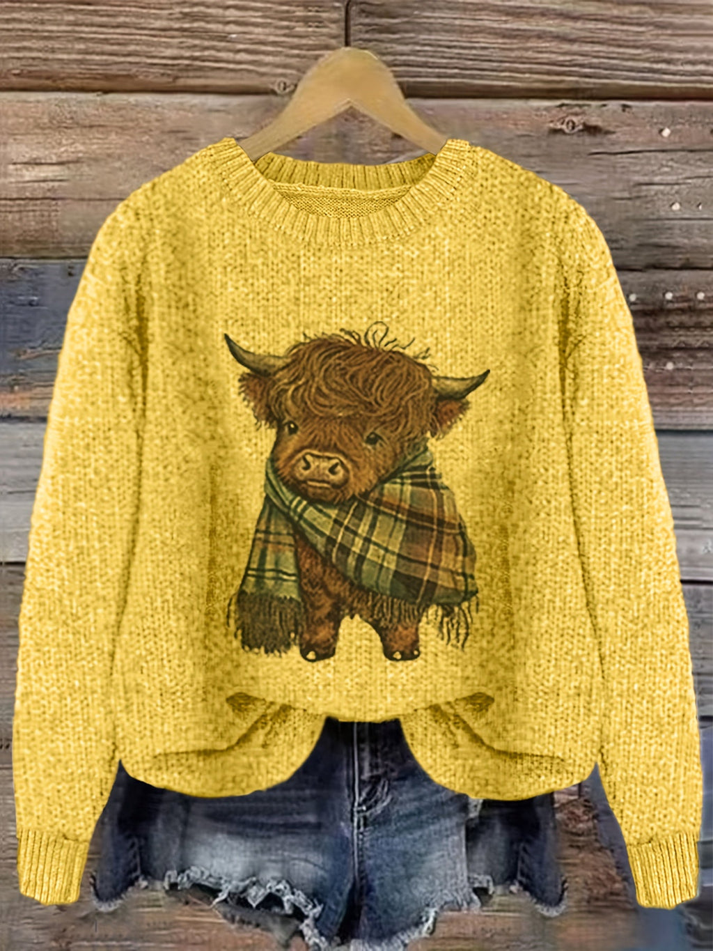Jumper with Highland Cow Motif and Crew Neck for Womens
