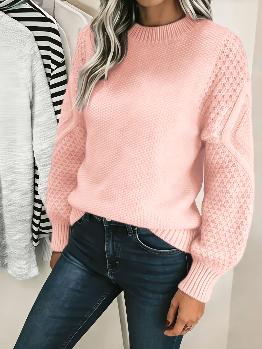 Jumper with Textured Knit and Lantern Sleeves for Womens