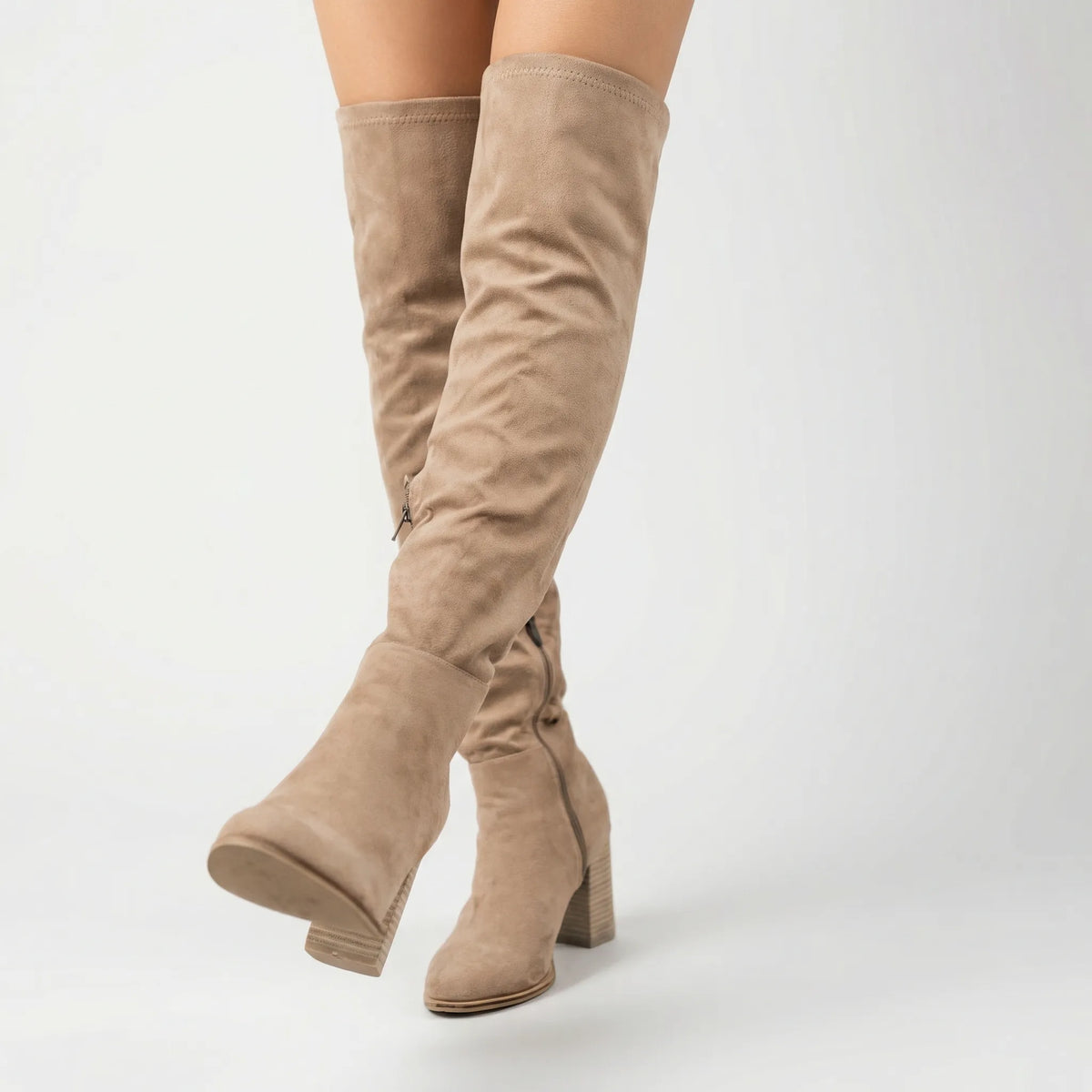 Knee-High Boots with Block Heel and Side Zip for Women