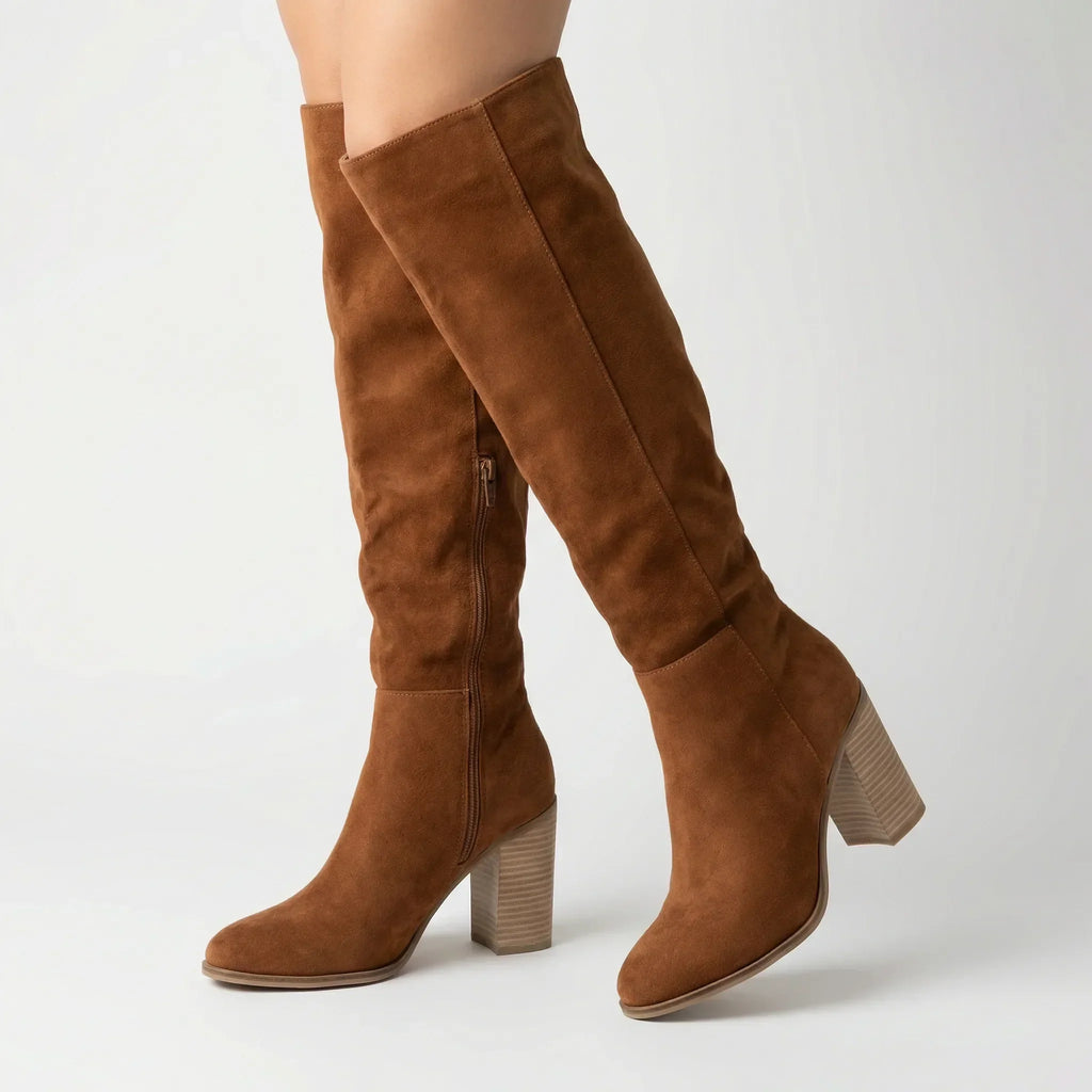 Knee-High Boots with Block Heel and Side Zip for Women