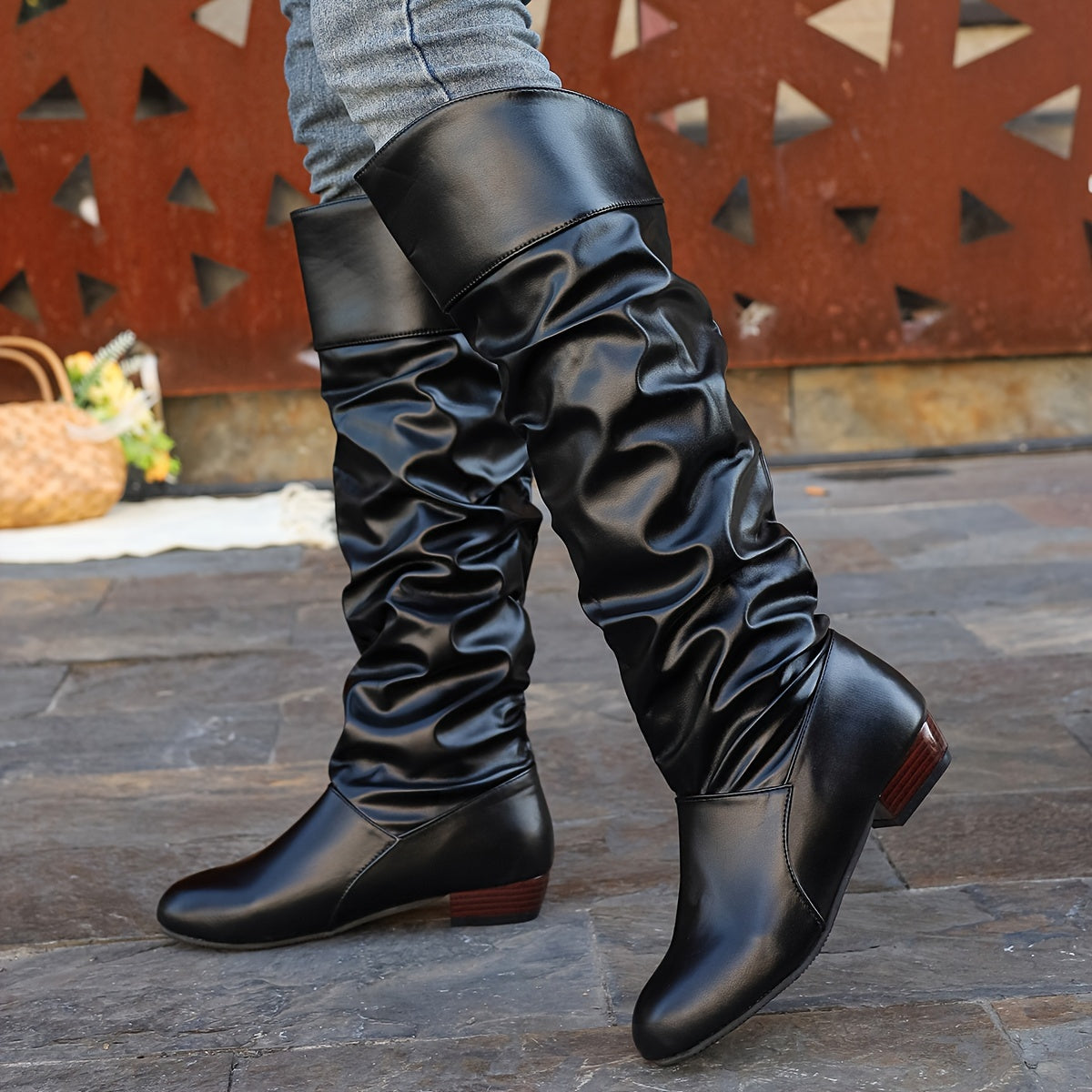 Knee High Boots with Slouch Detail and Low Heel for Womens