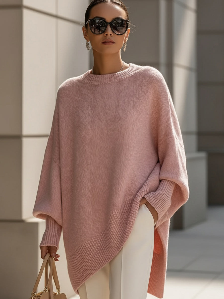 Knit Sweater with Asymmetric Hem and Loose Fit for Women