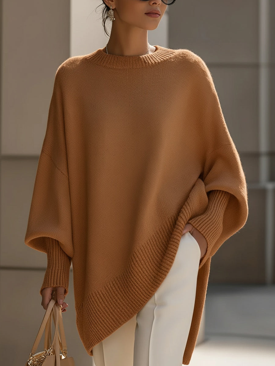 Knit Sweater with Asymmetric Hem and Loose Fit for Women