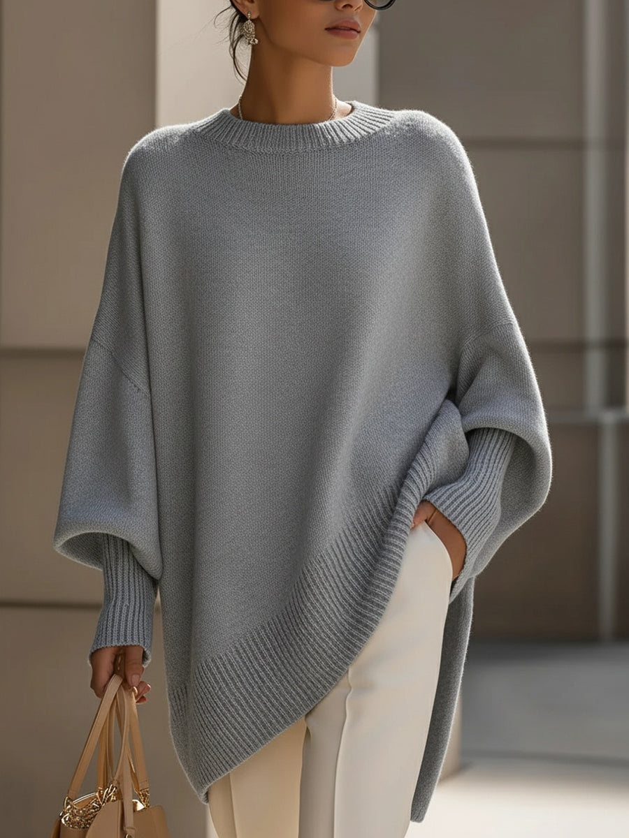 Knit Sweater with Asymmetric Hem and Loose Fit for Women