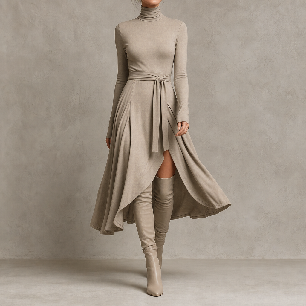 Knitted Midi Dress with Roll Neck and Tie Waist for women