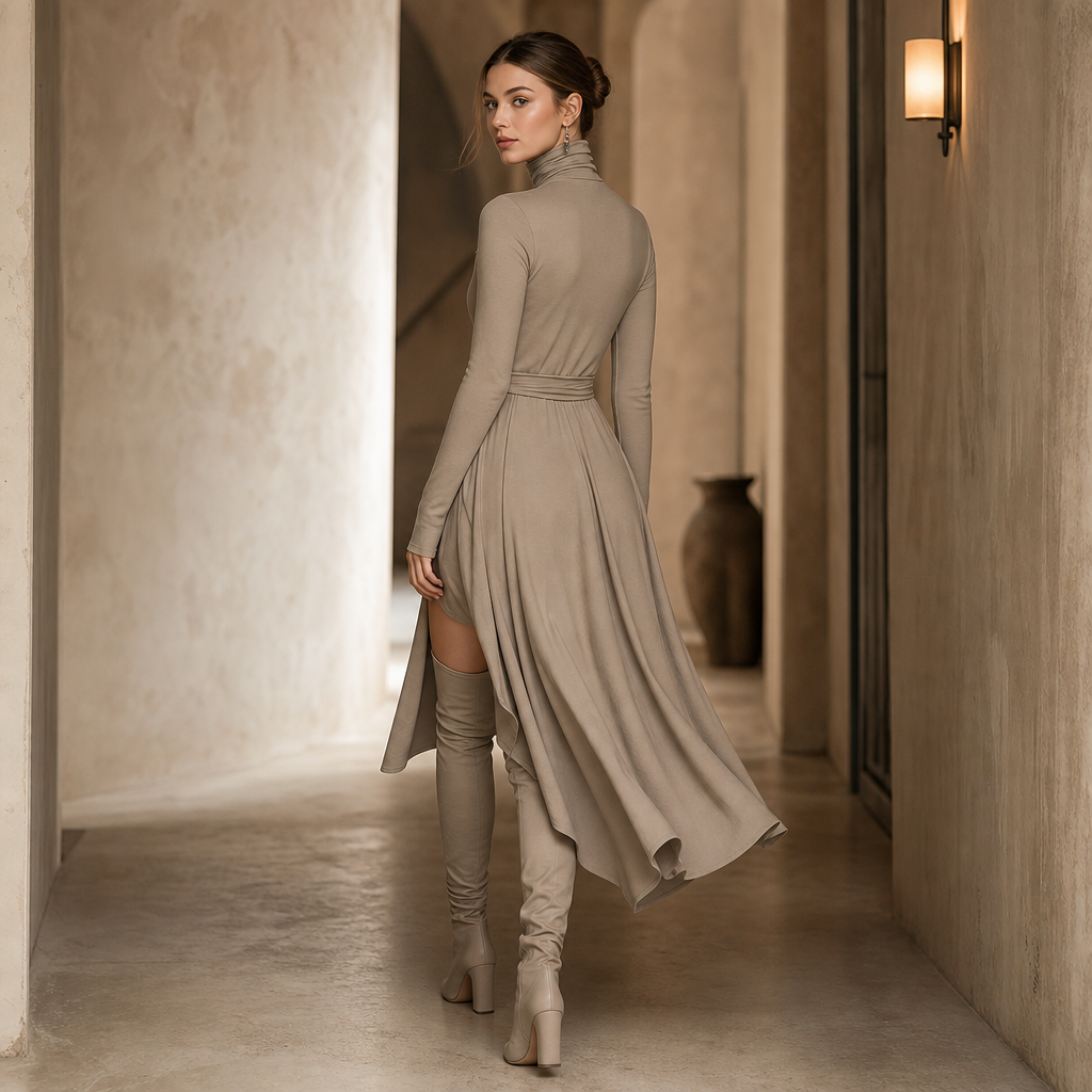 Knitted Midi Dress with Roll Neck and Tie Waist for women