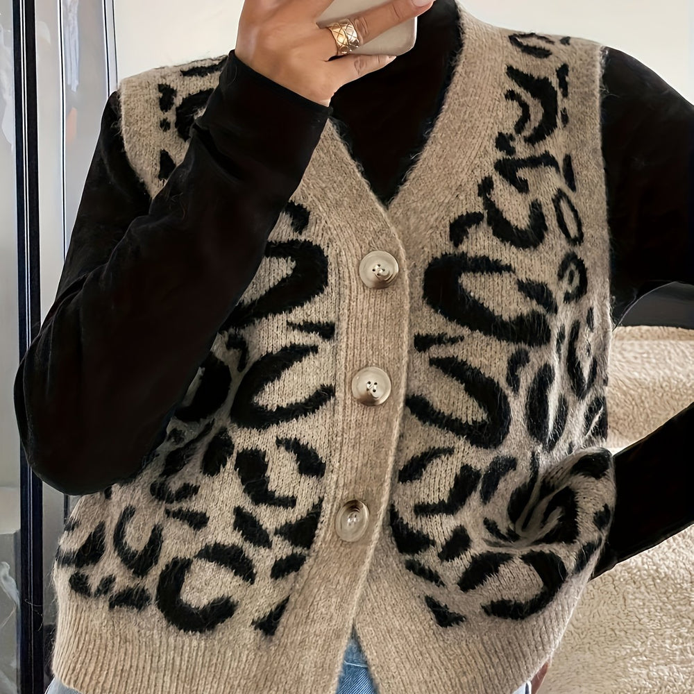 Knitted Vest with Leopard Pattern and V Neck for Womens