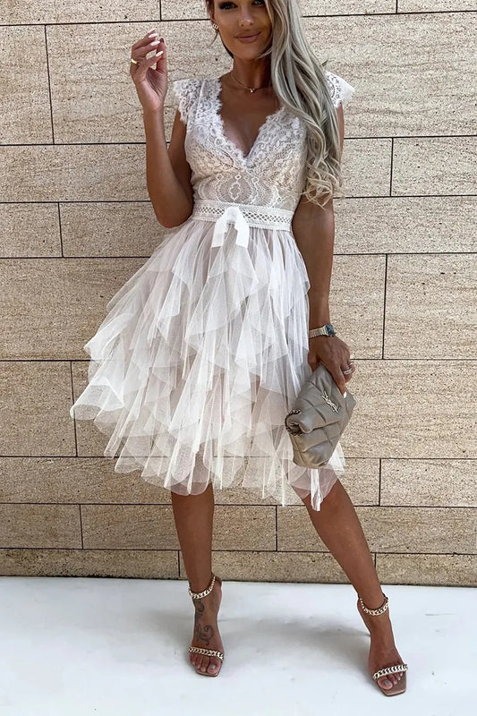 Lace-Style Mini Dress with Layered Ruffle Skirt for Women