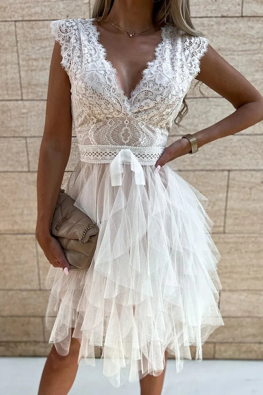 Lace-Style Mini Dress with Layered Ruffle Skirt for Women