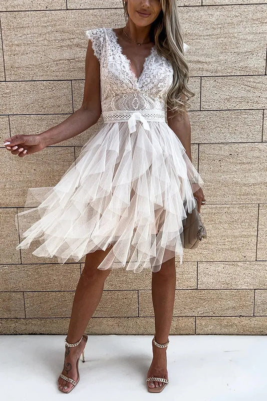 Lace-Style Mini Dress with Layered Ruffle Skirt for Women