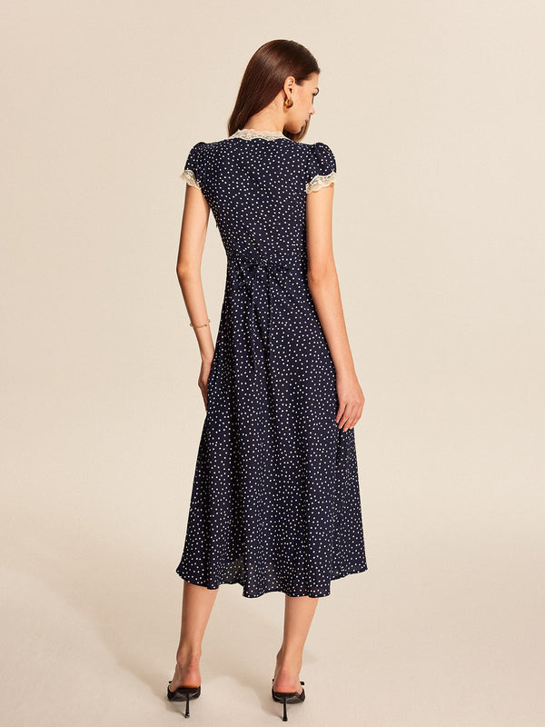 Lace-Trimmed Midi Dress with Polka Dot Pattern for Women