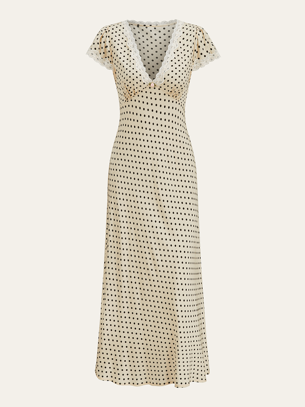 Lace-Trimmed Midi Dress with Polka Dot Pattern for Women