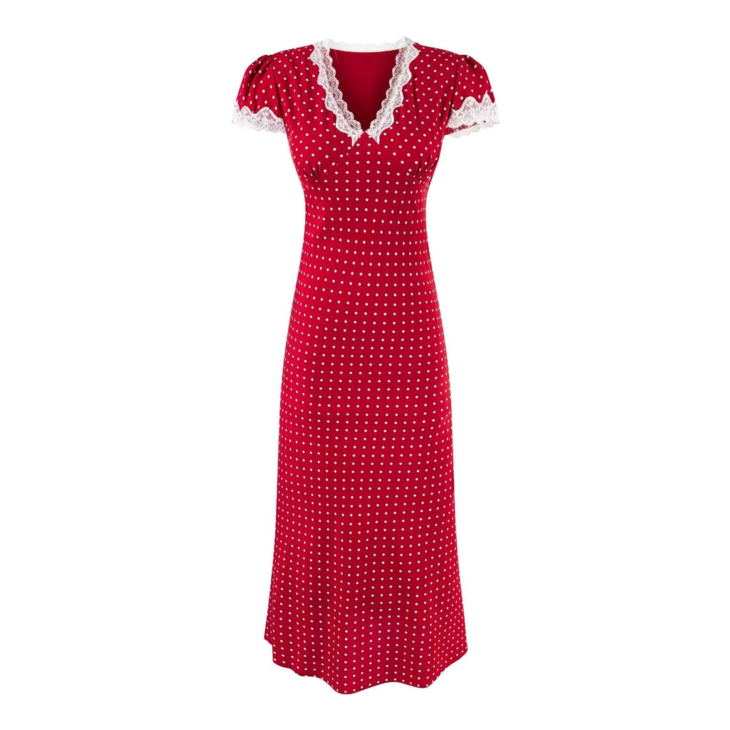 Lace-Trimmed Midi Dress with Polka Dot Pattern for Women