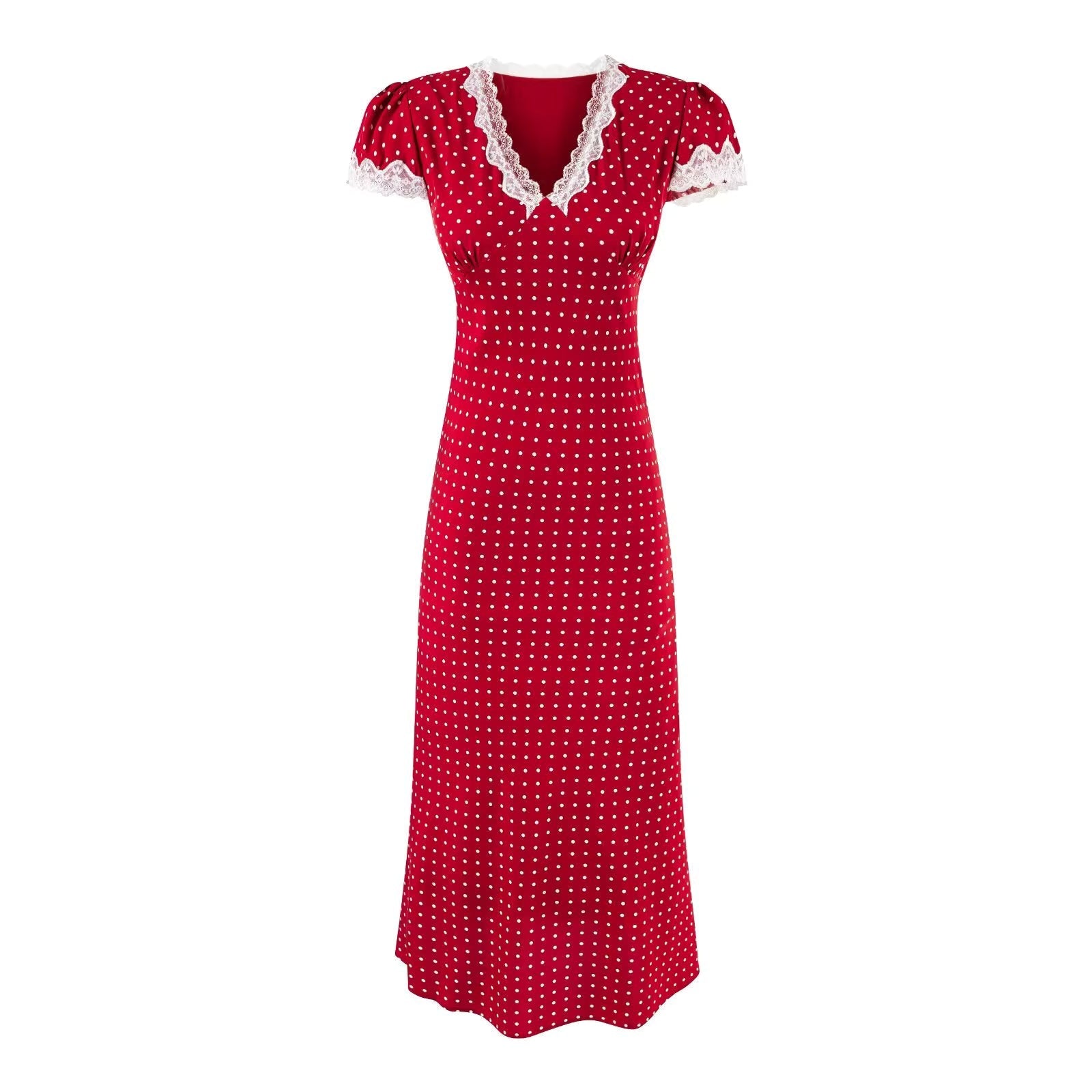 Lace-Trimmed Midi Dress with Polka Dot Pattern for Women