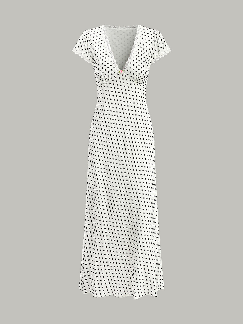 Lace-Trimmed Midi Dress with Polka Dot Pattern for Women