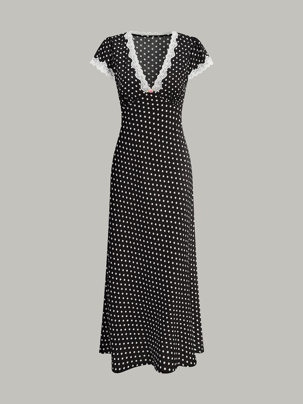 Lace-Trimmed Midi Dress with Polka Dot Pattern for Women
