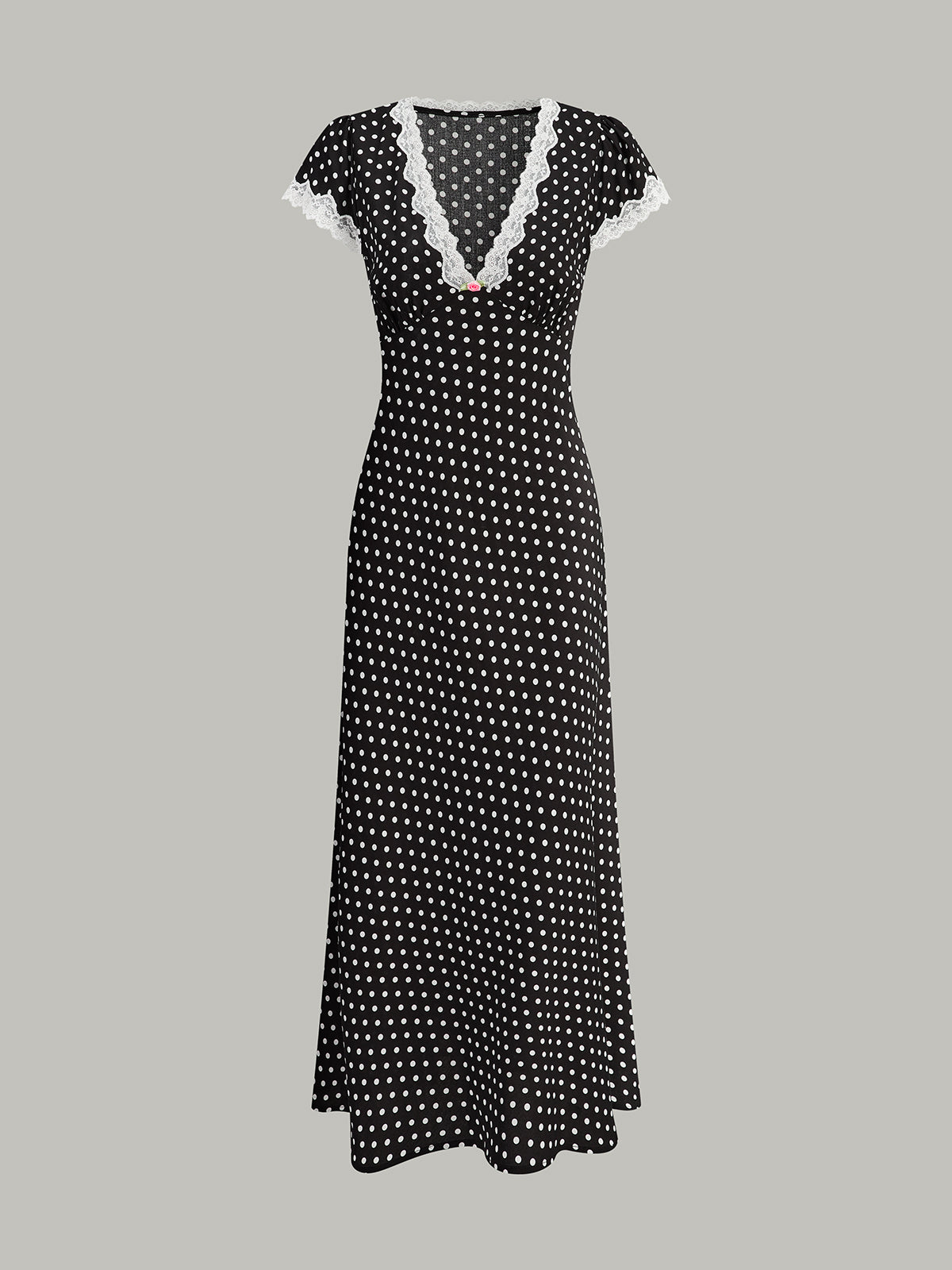 Lace-Trimmed Midi Dress with Polka Dot Pattern for Women