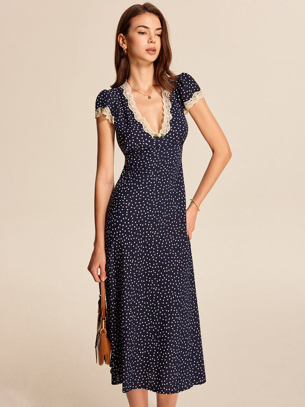 Lace-Trimmed Midi Dress with Polka Dot Pattern for Women
